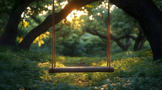 A traditional swing tied to the branches of a large, shady tree.