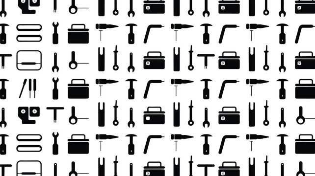 Repeating pattern of black tools and equipment silhouettes on a light gray background for industrial design