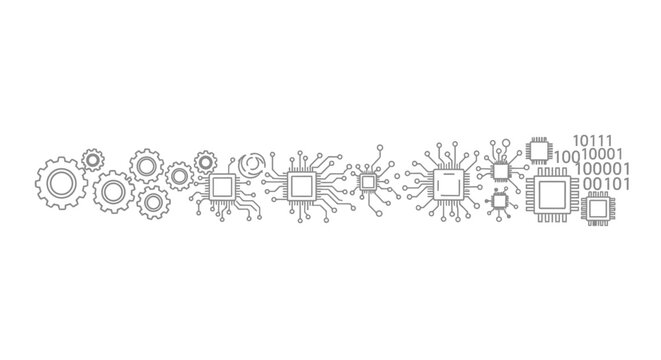 Abstract illustration of technology, gears, chips and binary code on a white background