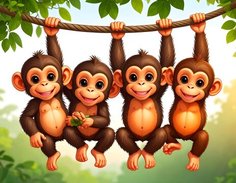 Four cartoon monkeys with big eyes hanging from a rope in a lush green jungle setting. They appear cheerful and playful