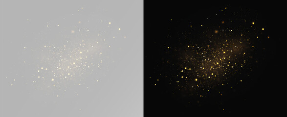 Golden magic dust particles with glowing sparkles, abstract glitter spray and bokeh lights on dark and neutral backgrounds, luxury shining effect for holiday card design, festive light overlay asset © theladydarina
