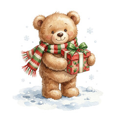 Naklejka premium Watercolor illustration of cute teddy bear with gift box and scarf in winter snow isolated on white or transparent background