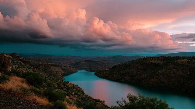 Turquoise lake winding through arid hills under dramatic pink and orange storm clouds at sunset