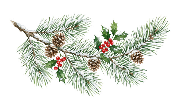 Watercolor illustration of snowy pine branch with cones and red berries isolated on white or transparent background
