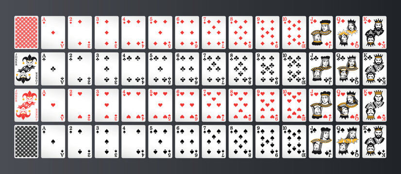 Full deck of playing cards with reversible classic characters on dark background.