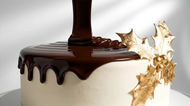 Delicious Chocolate Drip Cake With Gold Holly Decoration Winter 2026 Holiday Season Christmas New Ye