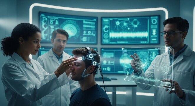 Cinematic realistic photo of neuroscientist testing advanced brain-computer interface headset in high-tech lab