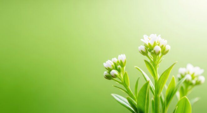 Bright macro shot of tiny white blossoms emerging on green stems, symbolizing new life, growth, and the refreshing arrival of the spring season, shallow depth of field, tiny, closeup