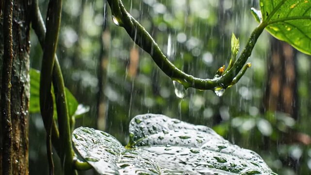 Close-up of lush green foliage and winding vines in a tropical forest during a gentle rain shower, with water droplets clinging to leaves and branches.