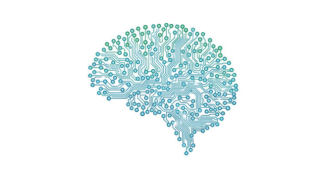 The silhouette of a human brain is meticulously formed by a dense network of glowing blue and green circuit board traces and connections on a white base.