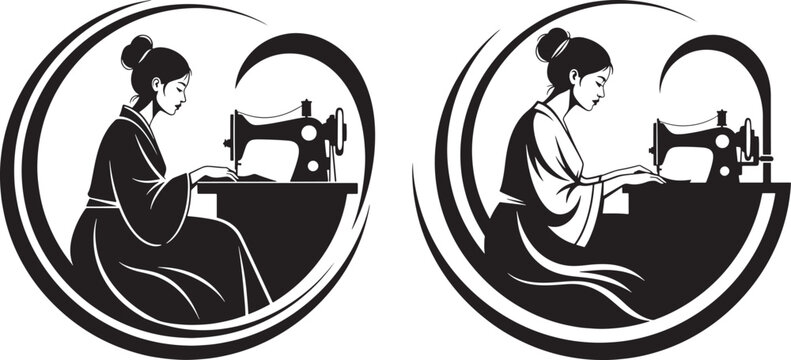 Woman sewing on a vintage sewing machine in a circular frame japanese style apparel design seamstress dressmaker embroidery needlework clothing