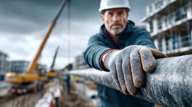 A skilled worker supervises equipment at a busy construction site, demonstrating strength and focus