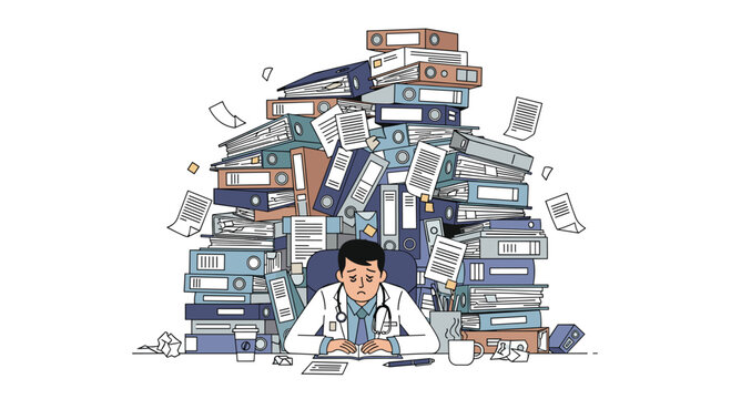 A tired doctor looks completely overwhelmed while sitting behind a desk buried under a massive multi-colored mountain of office binders and loose medical files.