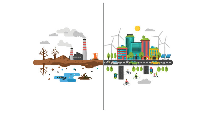 A clean central line divides a gray industrial pollution scene featuring factory chimneys from a colorful green city with active cyclists and turbines.