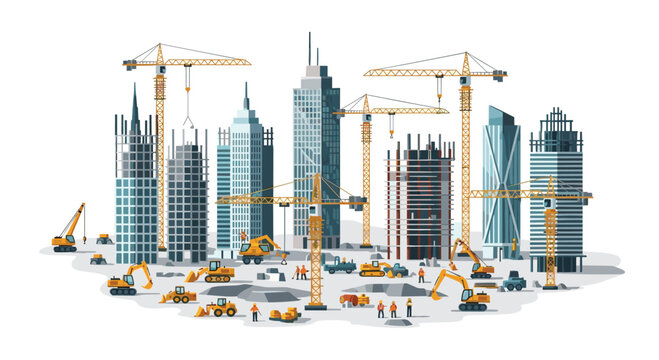 A detailed construction site illustration features numerous yellow excavators and workers building a cluster of modern skyscrapers under tall tower cranes.