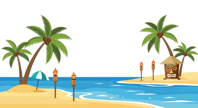 A vibrant tropical beach landscape features a traditional tiki mask hut alongside flaming torches and a striped umbrella under a bright white sky.
