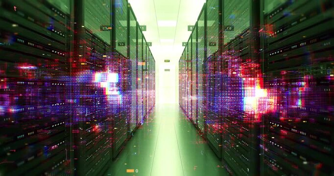 Artificial intelligence neural network processing in a data center. Technology And AI Related 3D Animation.