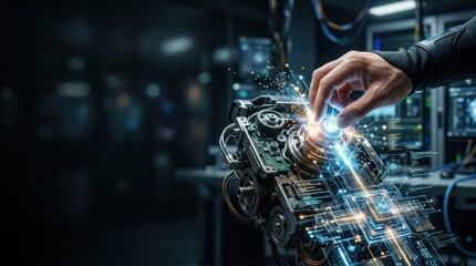 Fototapeta premium Person's hand engaging with a robotic device signifying the impact of ai on digital transformation and innovation