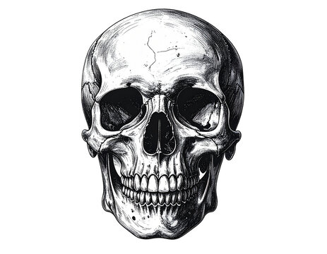 Detailed monochrome skull illustration featuring shading and etched textures