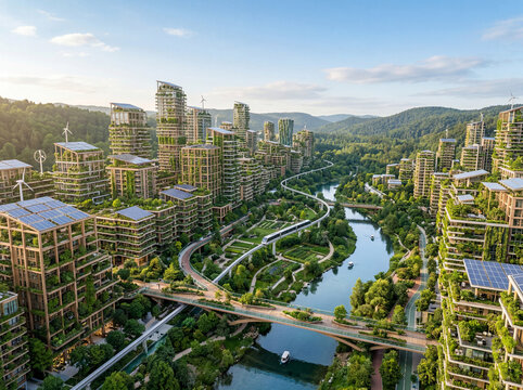 Futuristic eco friendly city with green buildings, solar panels and sustainable urban architecture landscape