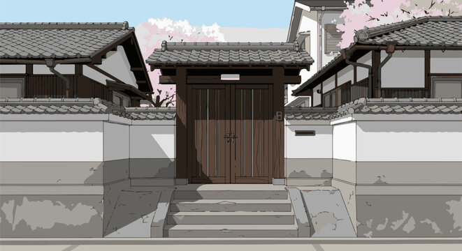 Traditional Japanese entrance gate with cherry blossoms overhead