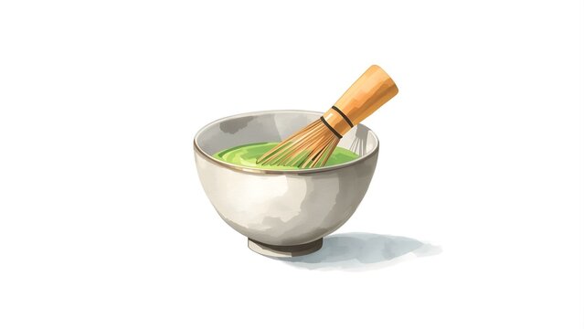 A digital illustration of a traditional ceramic bowl filled with vibrant green matcha tea powder