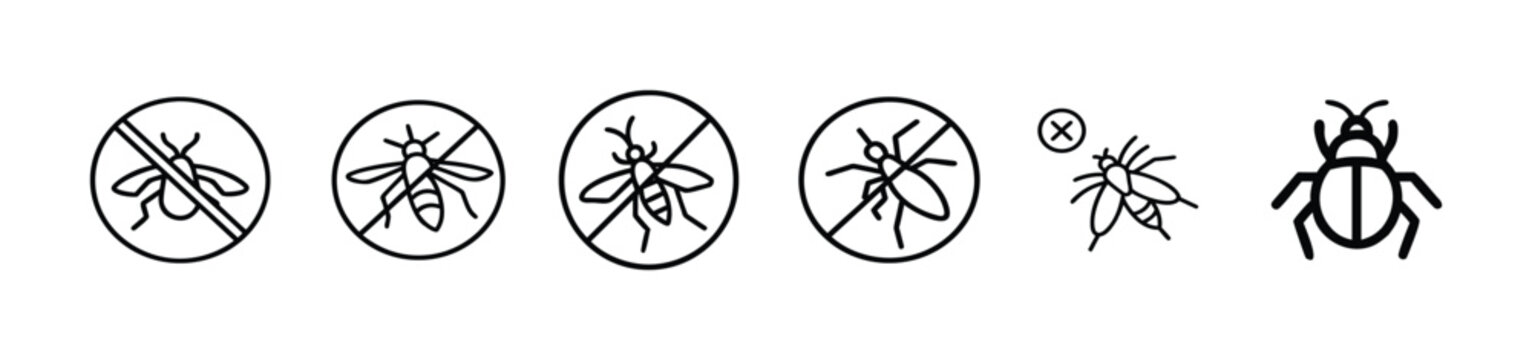 Pest control no fly zone stop mosquito sign prohibited wasp warning beetle infestation and bug prevention & more vector illustration with editable stroke.