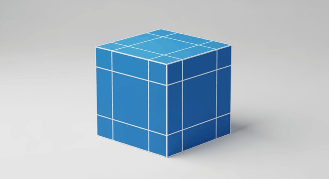 Geometric Blue Cube With White Grid Lines On A Soft Gray Background