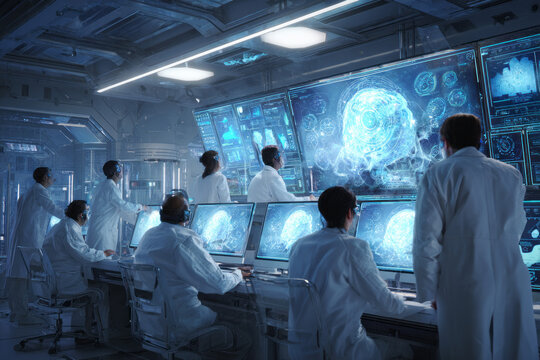 a group of scientists in white lab coats working together at large computer screens displaying ai imagery, with holographic displays and digital designs on the walls behind them