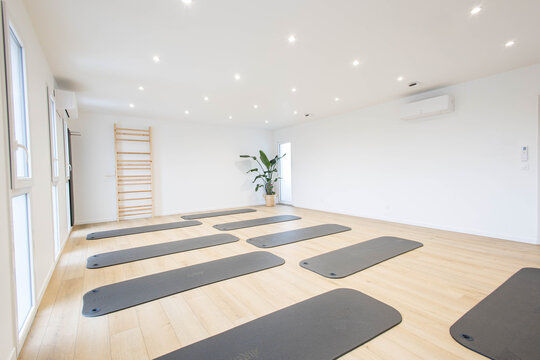 Une salle de yoga neuve et sans personne avec des tapis sur le sol, les murs sont blancs et une plante est visible dans le fond