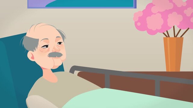 Doctor visiting elderly patient in hospital bed animation, healthcare support and medical care concept with family interaction scene
