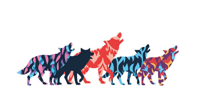 Abstract wolf pack silhouettes with colorful geometric patterns, howling wild wolf animal vector set, artistic canine predator illustrations