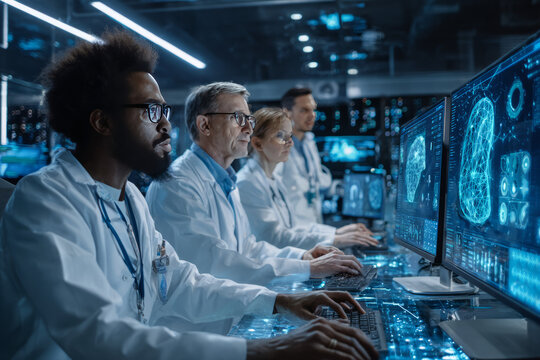a group of scientists in white lab coats working together at large computer screens displaying ai imagery, with holographic displays and digital designs on the walls behind them