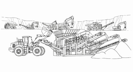 Fototapeta premium Excavators, dump trucks, and a crushing machine operate in a quarry