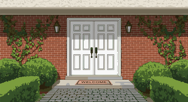 Inviting double doors with brick, ivy, and manicured bushes