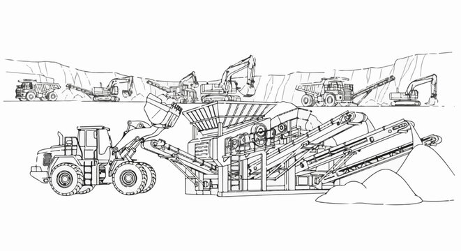 Excavators, dump trucks, and a crushing machine operate in a quarry