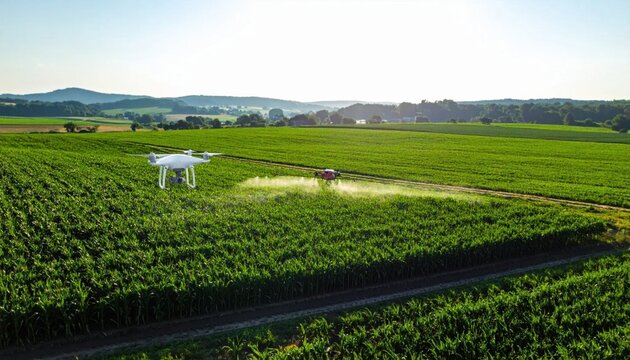 Agricultural drone spraying fertilizer over a lush green corn field, precision farming, smart technology, automated crop maintenance and sustainable harvest
