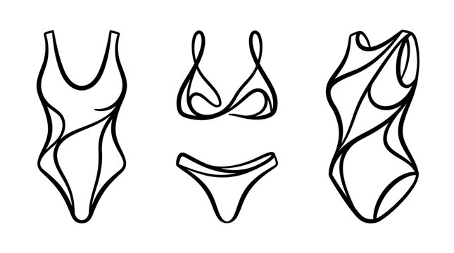 Elegant Black and White Swimsuit Line Art Designs for Summer.