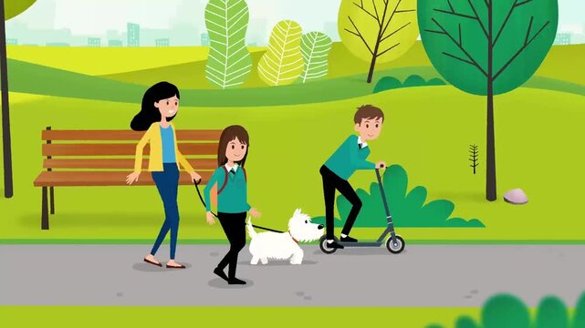 Woman walking dog in park animation, pet care and outdoor lifestyle concept with healthy daily routine and nature environment