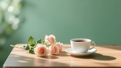 Fototapeta premium Coffee with pale pink roses on a wooden table, soft natural light, green background