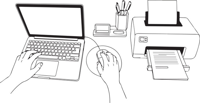 Hands on desk with laptop mouse and printer computer keyboard