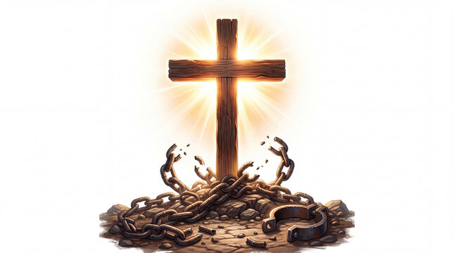 Glowing Christian Cross with Broken Metal Chains Illustration