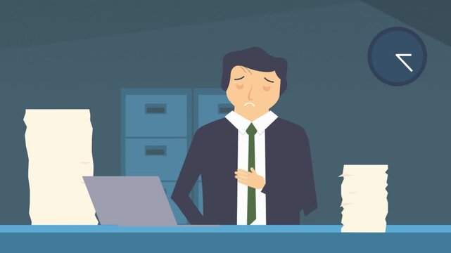 Businessman working late at desk animation, office workload and overtime concept with tired employee in corporate environment