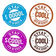 Obraz premium Four circular, colorful stamps with the phrase 