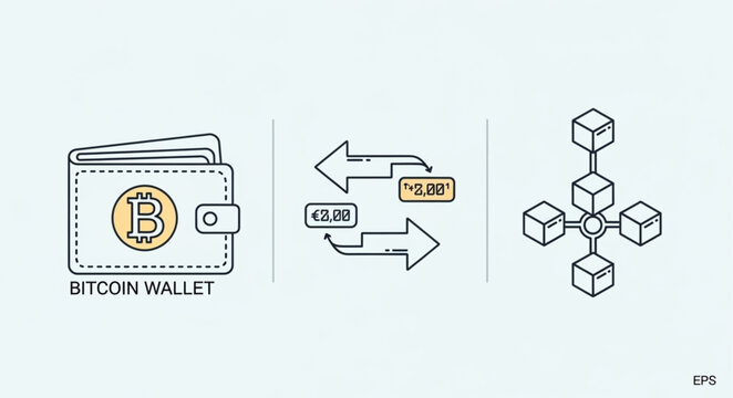 Bitcoin wallet and blockchain network diagram.