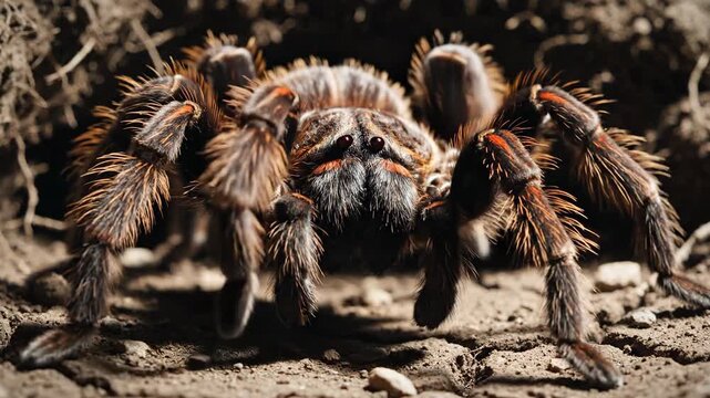 A large tarantula with hairy legs emerges from its earthy den, its many eyes focused intently forward.