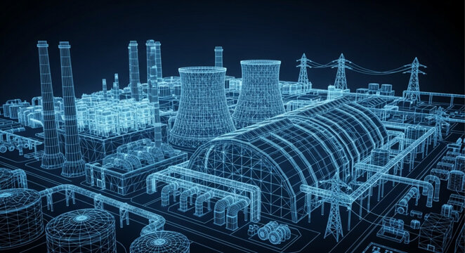 Digital blueprint of a modern industrial power plant complex.