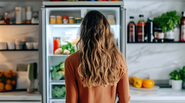Back view of a woman standing in front of an open fridge, selecting ingredients for cooking a meal, organized kitchen setting