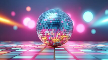 Obraz premium Colorful Disco Ball Reflecting Light in a Vibrant Dance Floor Scene with Glossy Tiles and Soft Focus Background