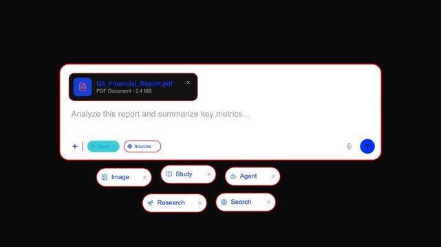 Dynamic search bar animation morphs into an advanced document analysis portal for querying complex financial reports and business data sets.